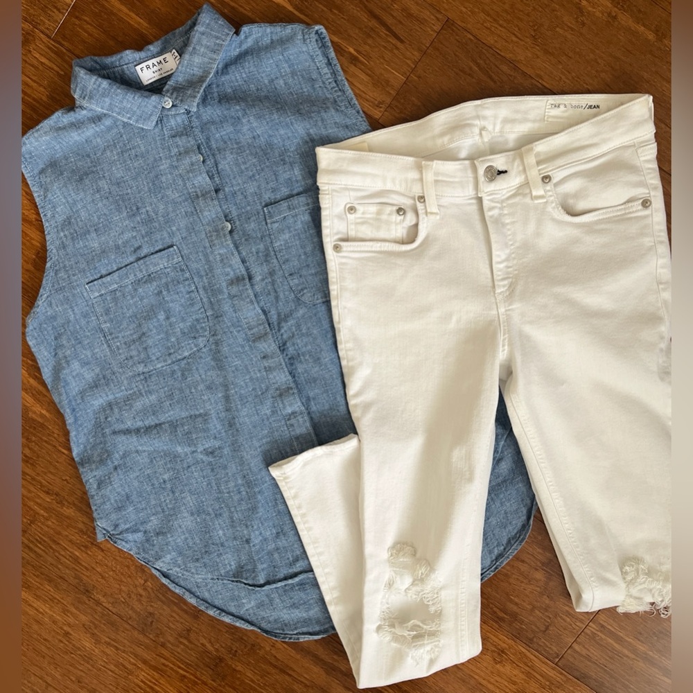 FRAME Denim Women’s Top Chambray Linen Blend Sleeveless Oxford SZ: M Buttondown